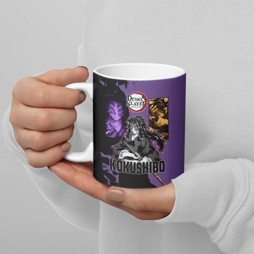 Kokushibo from Demon Slayer Ceramic Mug with Purple and Black Split Background and Sword Draw Manga Style Design - The Mazicc