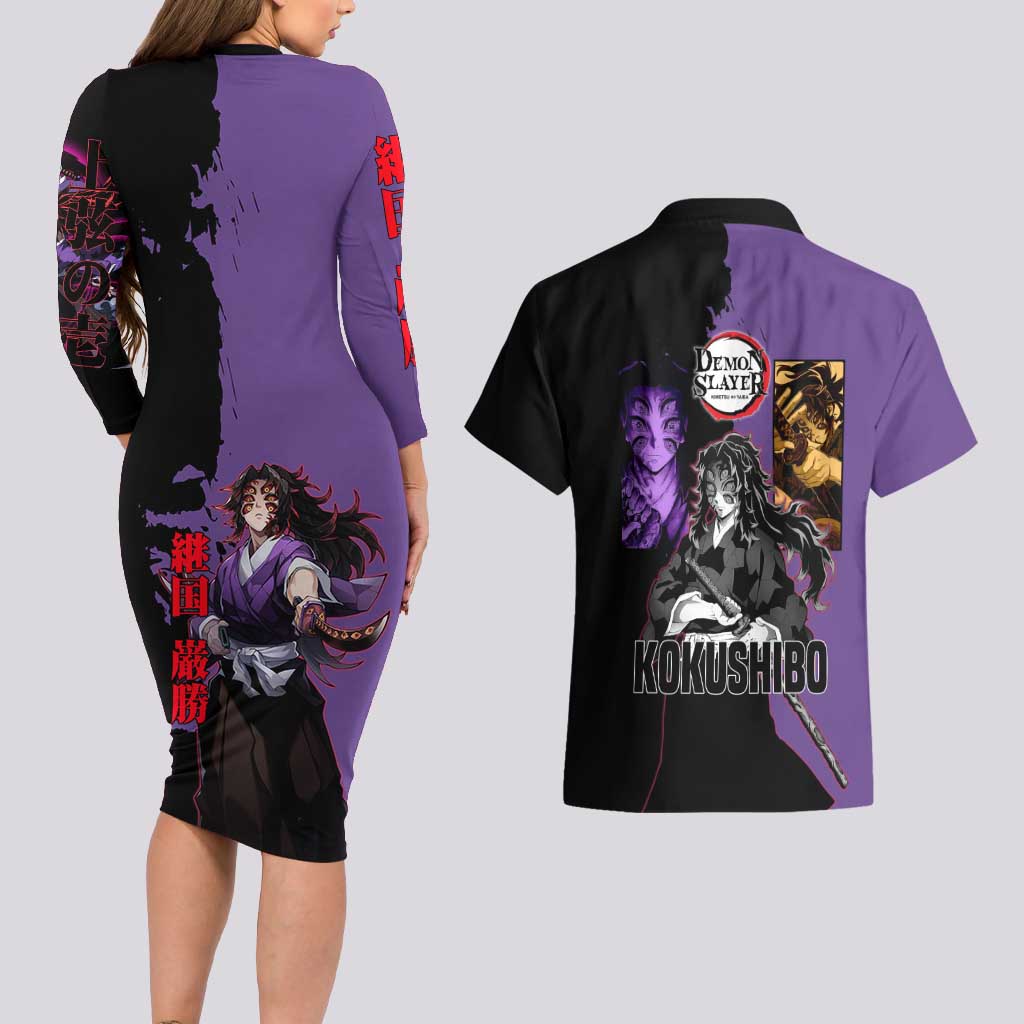 Kokushibo from Demon Slayer Couples Matching Long Sleeve Bodycon Dress and Hawaiian Shirt with Purple and Black Split Background and Sword Draw Manga Style Design - The Mazicc