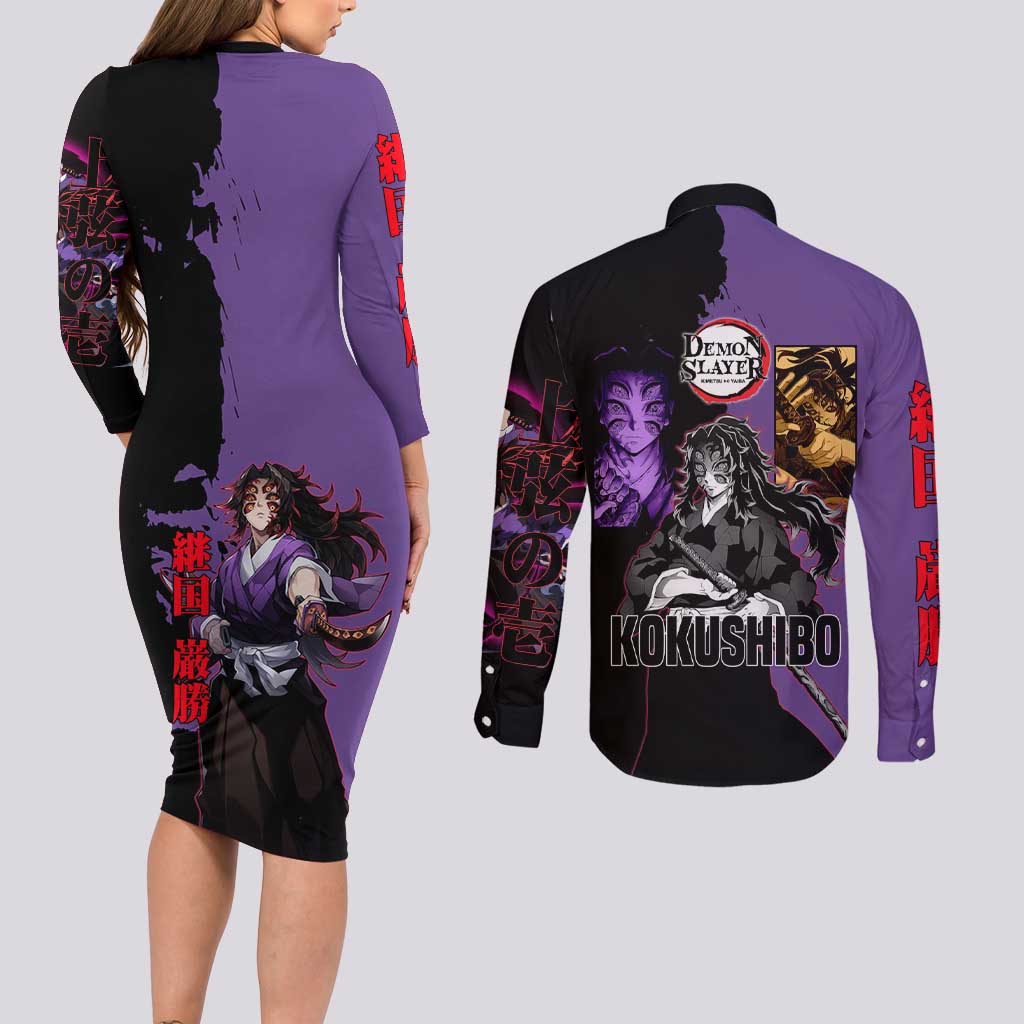Kokushibo from Demon Slayer Couples Matching Long Sleeve Bodycon Dress and Long Sleeve Button Shirt with Purple and Black Split Background and Sword Draw Manga Style Design - The Mazicc