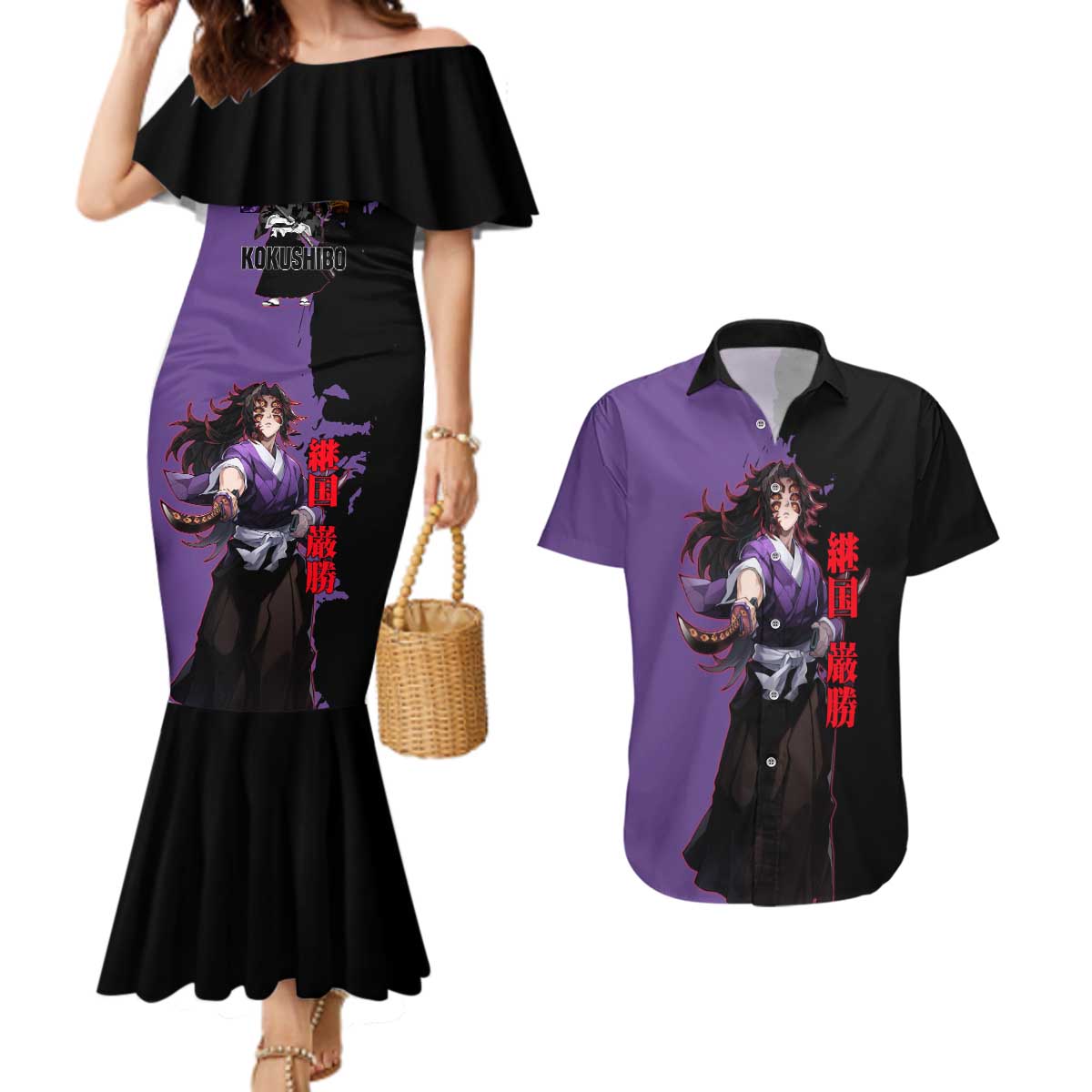 Kokushibo from Demon Slayer Couples Matching Mermaid Dress and Hawaiian Shirt with Purple and Black Split Background and Sword Draw Manga Style Design - The Mazicc