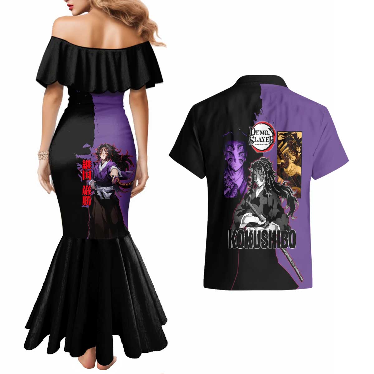 Kokushibo from Demon Slayer Couples Matching Mermaid Dress and Hawaiian Shirt with Purple and Black Split Background and Sword Draw Manga Style Design - The Mazicc