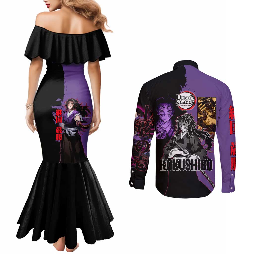 Kokushibo from Demon Slayer Couples Matching Mermaid Dress and Long Sleeve Button Shirt with Purple and Black Split Background and Sword Draw Manga Style Design - The Mazicc