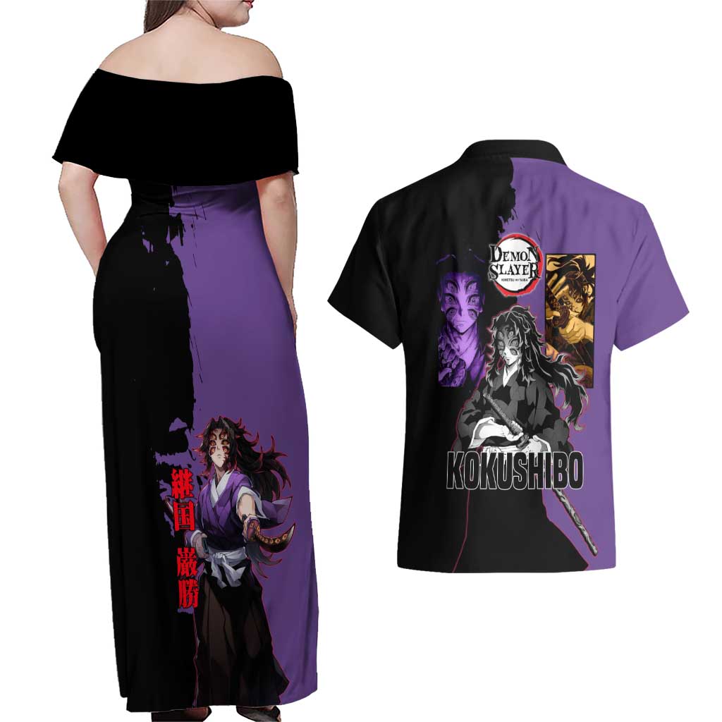 Kokushibo from Demon Slayer Couples Matching Off Shoulder Maxi Dress and Hawaiian Shirt with Purple and Black Split Background and Sword Draw Manga Style Design - The Mazicc