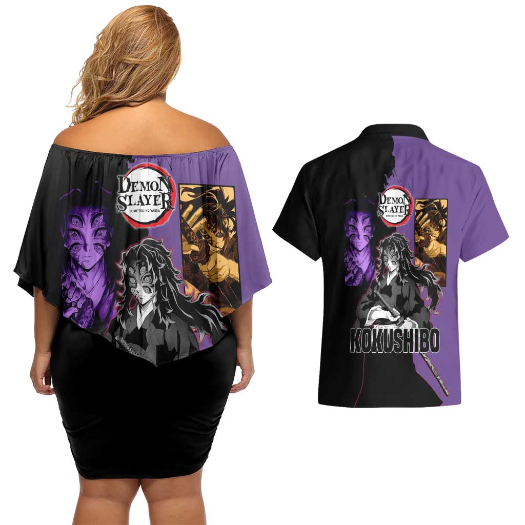 Kokushibo from Demon Slayer Couples Matching Off Shoulder Short Dress and Hawaiian Shirt with Purple and Black Split Background and Sword Draw Manga Style Design - The Mazicc