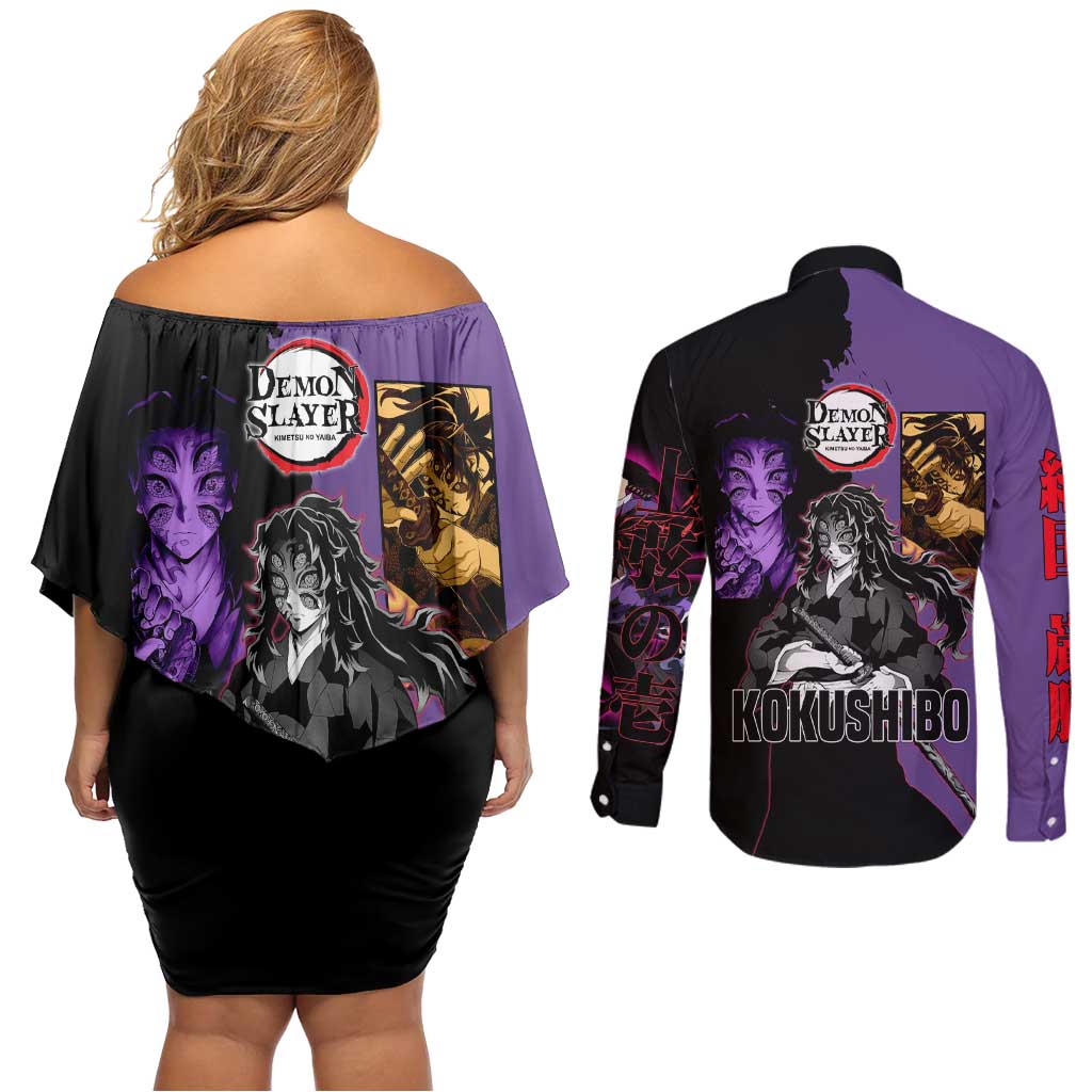 Kokushibo from Demon Slayer Couples Matching Off Shoulder Short Dress and Long Sleeve Button Shirt with Purple and Black Split Background and Sword Draw Manga Style Design - The Mazicc