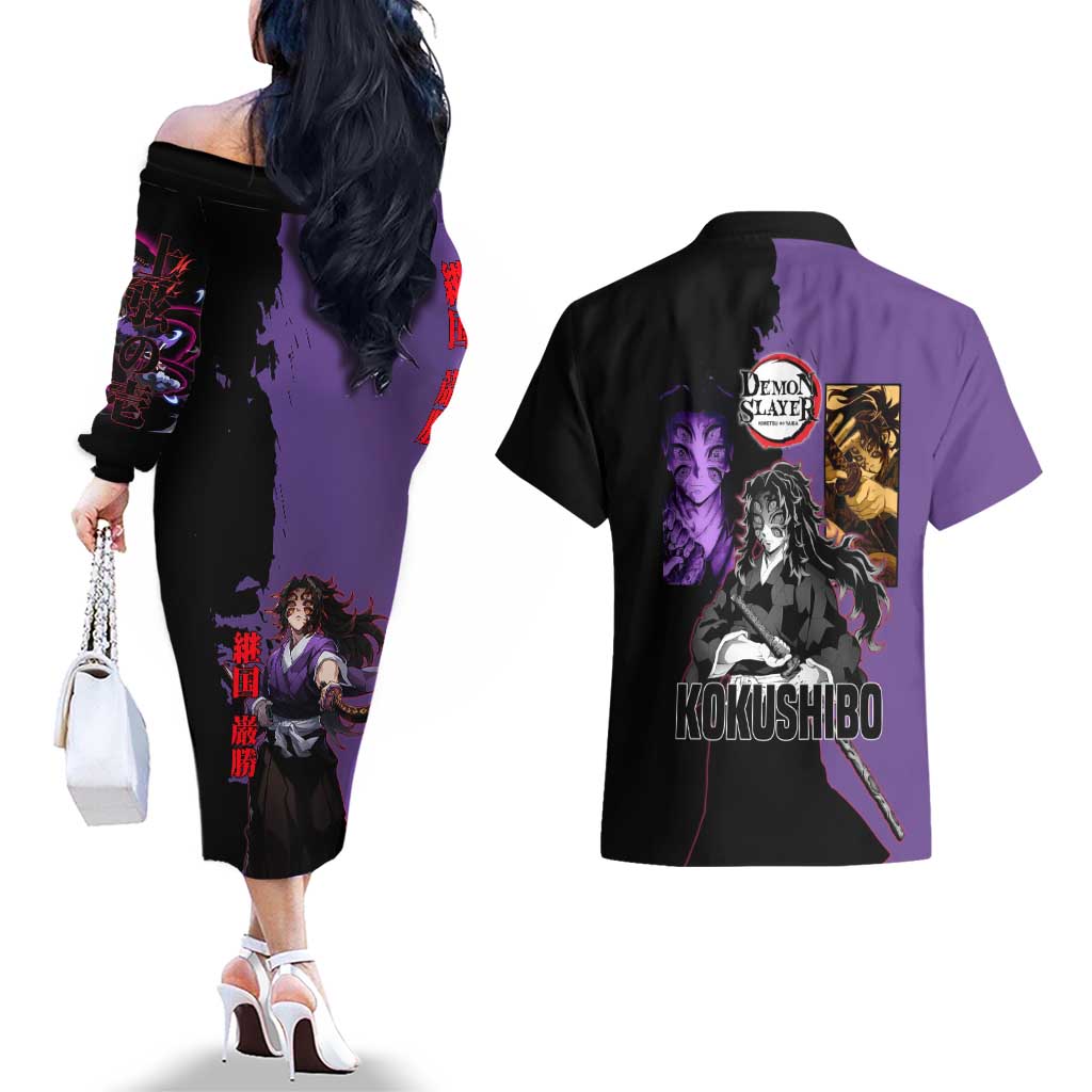 Kokushibo from Demon Slayer Couples Matching Off The Shoulder Long Sleeve Dress and Hawaiian Shirt with Purple and Black Split Background and Sword Draw Manga Style Design - The Mazicc