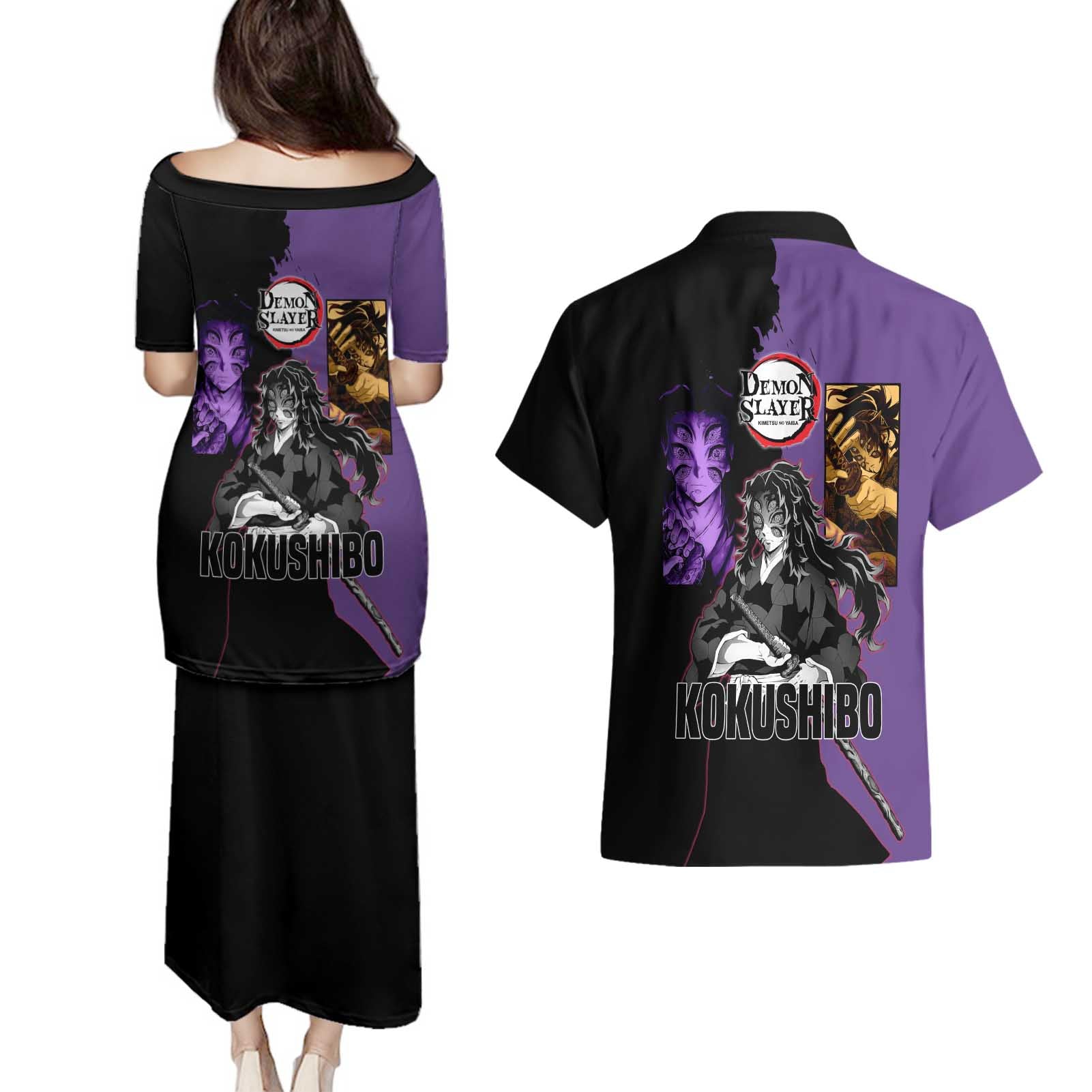 Kokushibo from Demon Slayer Couples Matching Puletasi and Hawaiian Shirt with Purple and Black Split Background and Sword Draw Manga Style Design - The Mazicc