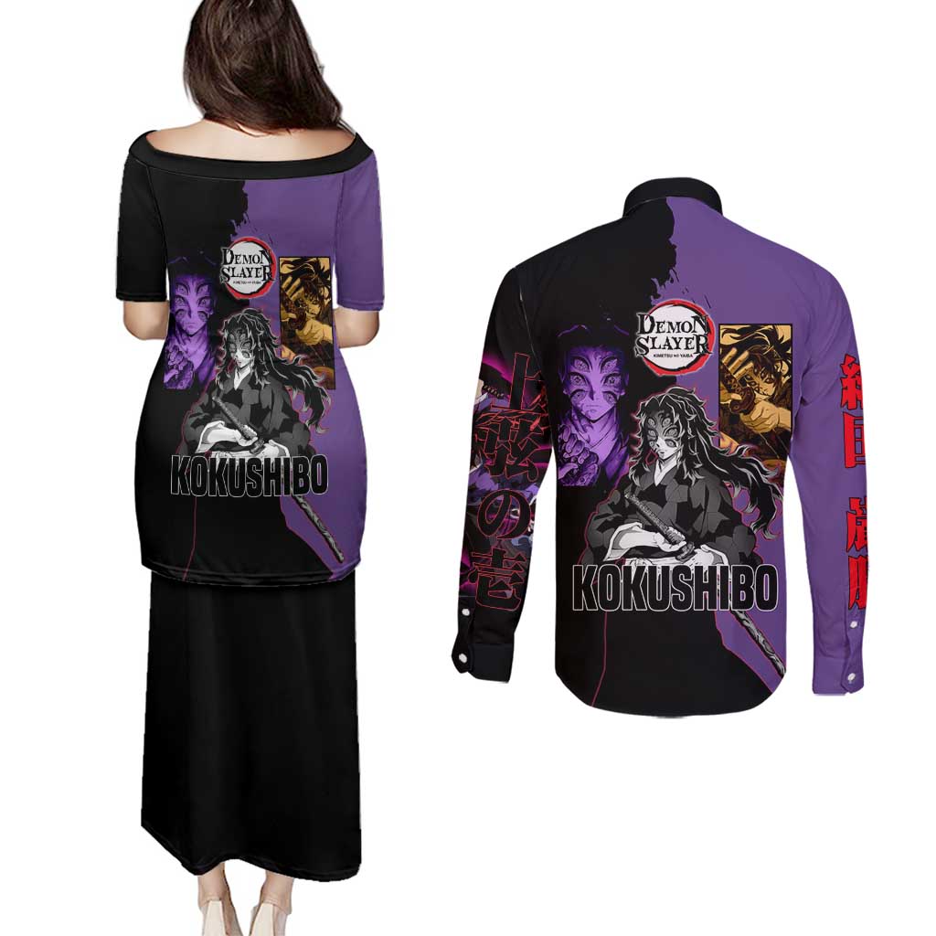 Kokushibo from Demon Slayer Couples Matching Puletasi and Long Sleeve Button Shirt with Purple and Black Split Background and Sword Draw Manga Style Design - The Mazicc