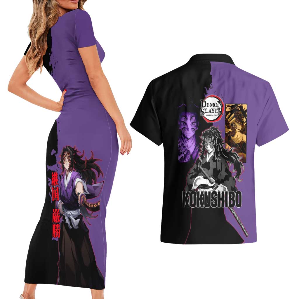 Kokushibo from Demon Slayer Couples Matching Short Sleeve Bodycon Dress and Hawaiian Shirt with Purple and Black Split Background and Sword Draw Manga Style Design - The Mazicc