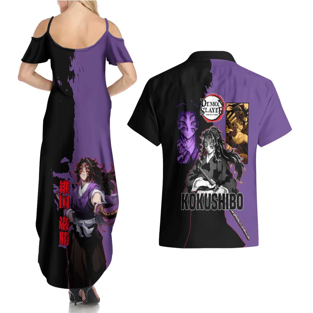 Kokushibo from Demon Slayer Couples Matching Summer Maxi Dress and Hawaiian Shirt with Purple and Black Split Background and Sword Draw Manga Style Design - The Mazicc