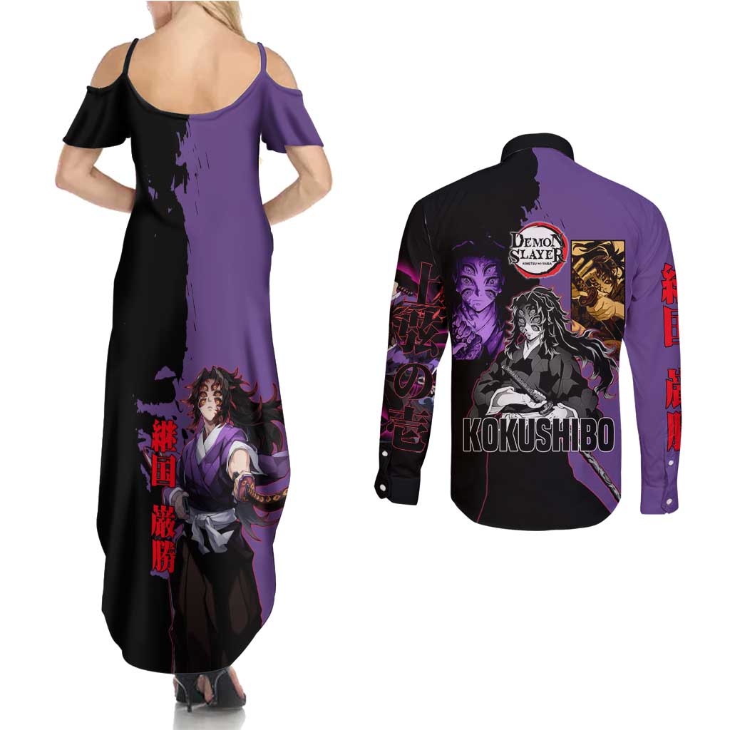 Kokushibo from Demon Slayer Couples Matching Summer Maxi Dress and Long Sleeve Button Shirt with Purple and Black Split Background and Sword Draw Manga Style Design - The Mazicc