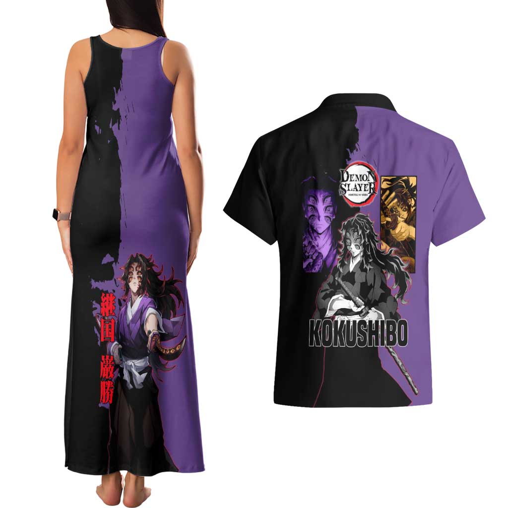 Kokushibo from Demon Slayer Couples Matching Tank Maxi Dress and Hawaiian Shirt with Purple and Black Split Background and Sword Draw Manga Style Design - The Mazicc