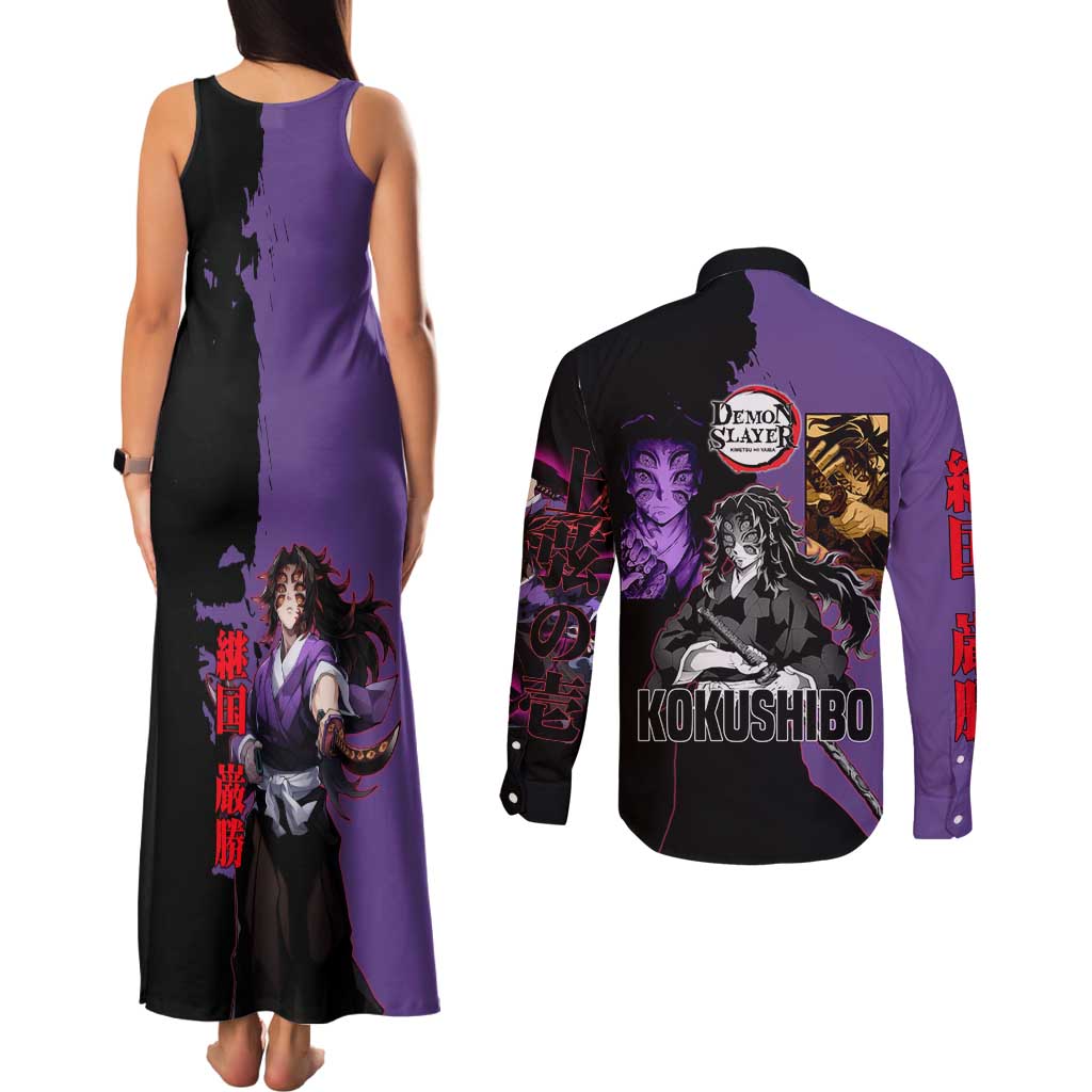 Kokushibo from Demon Slayer Couples Matching Tank Maxi Dress and Long Sleeve Button Shirt with Purple and Black Split Background and Sword Draw Manga Style Design - The Mazicc