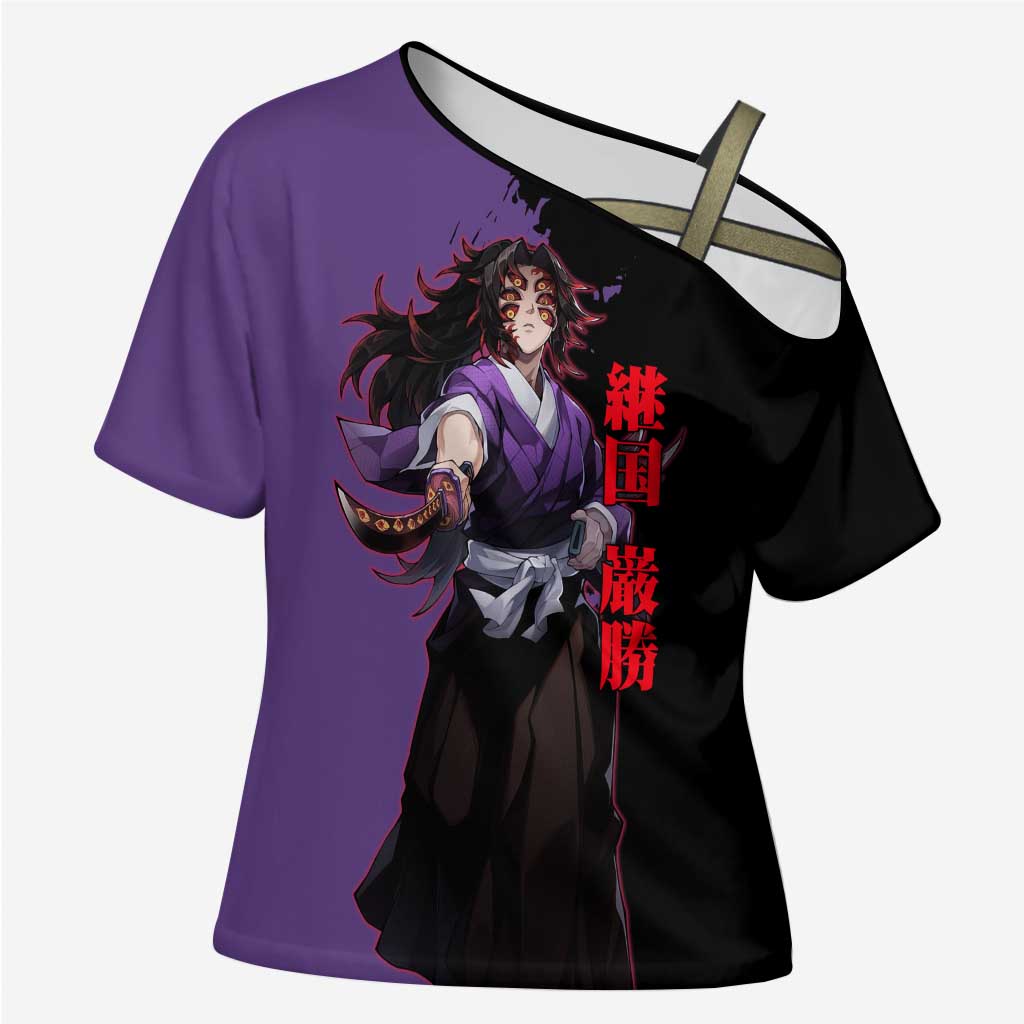 Kokushibo from Demon Slayer Cross Shoulder Shirt with Purple and Black Split Background and Sword Draw Manga Style Design - The Mazicc