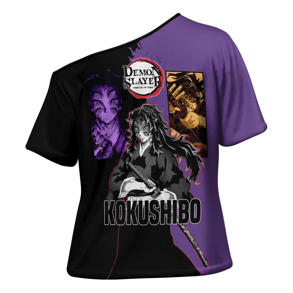 Kokushibo from Demon Slayer Cross Shoulder Shirt with Purple and Black Split Background and Sword Draw Manga Style Design - The Mazicc