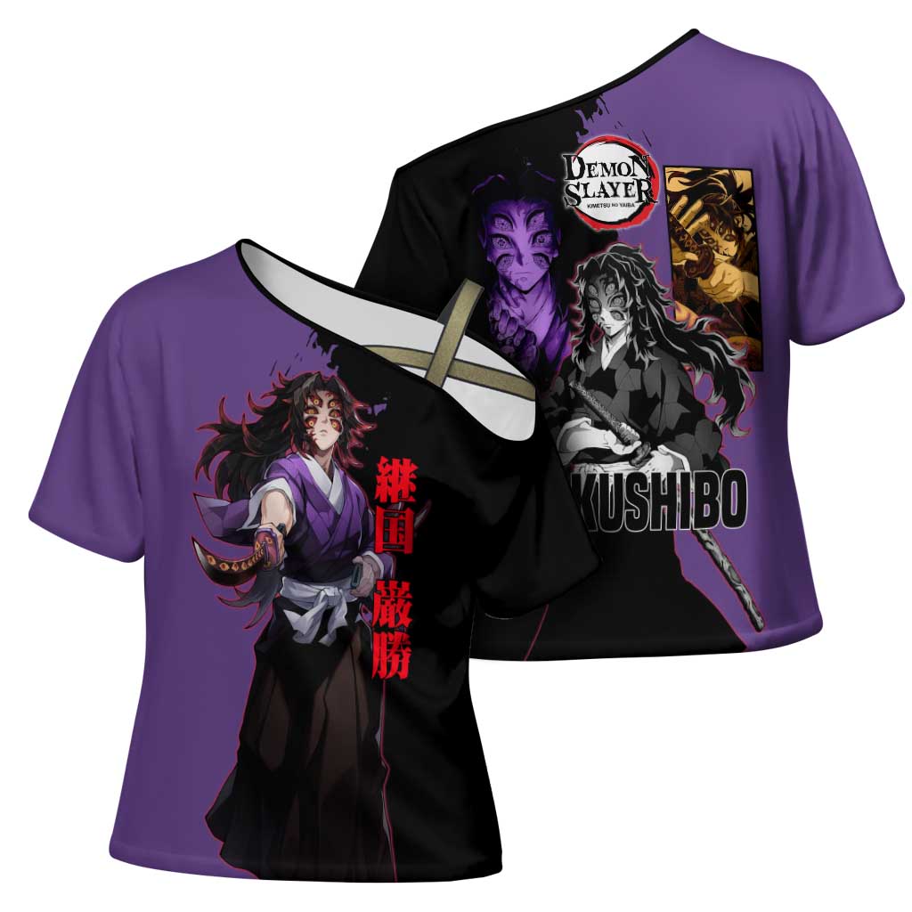 Kokushibo from Demon Slayer Cross Shoulder Shirt with Purple and Black Split Background and Sword Draw Manga Style Design - The Mazicc