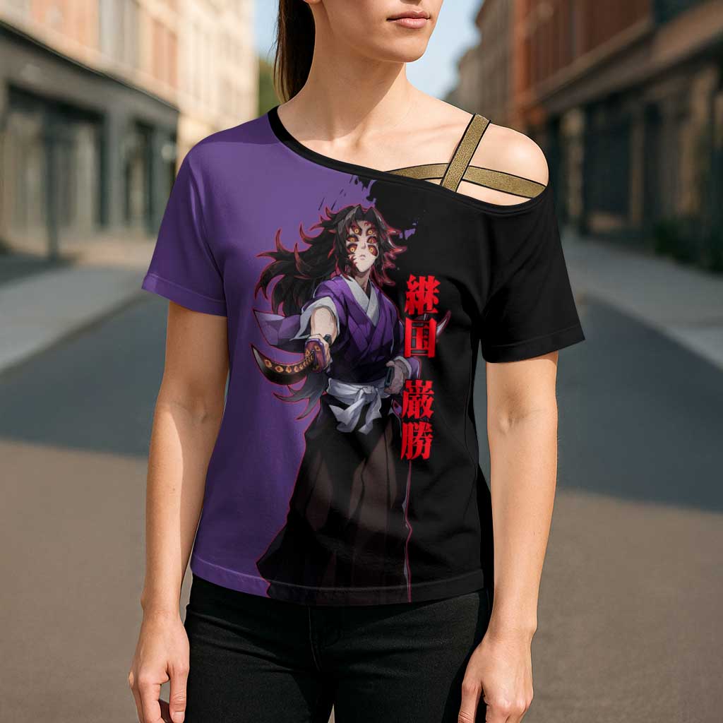 Kokushibo from Demon Slayer Cross Shoulder Shirt with Purple and Black Split Background and Sword Draw Manga Style Design - The Mazicc