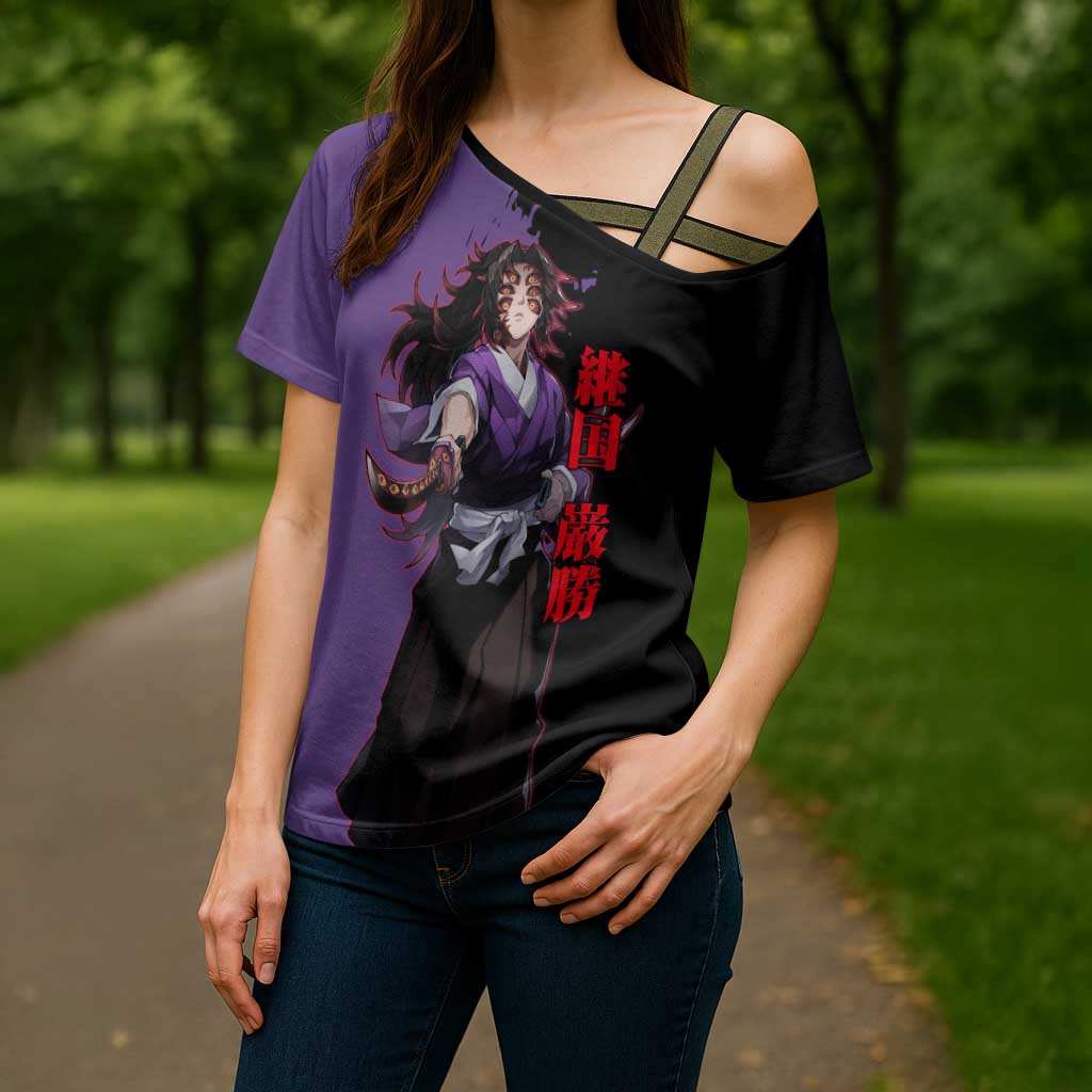 Kokushibo from Demon Slayer Cross Shoulder Shirt with Purple and Black Split Background and Sword Draw Manga Style Design - The Mazicc