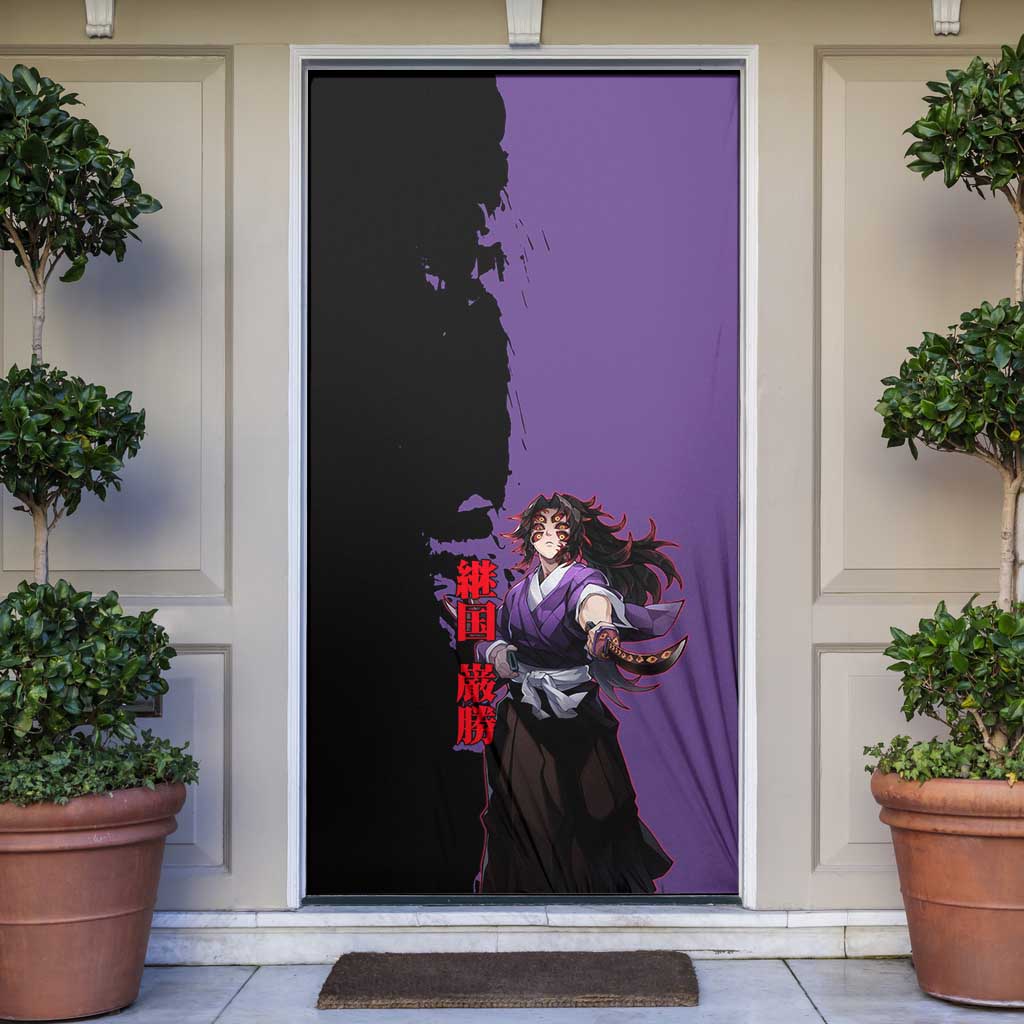 Kokushibo from Demon Slayer Door Cover with Purple and Black Split Background and Sword Draw Manga Style Design - The Mazicc