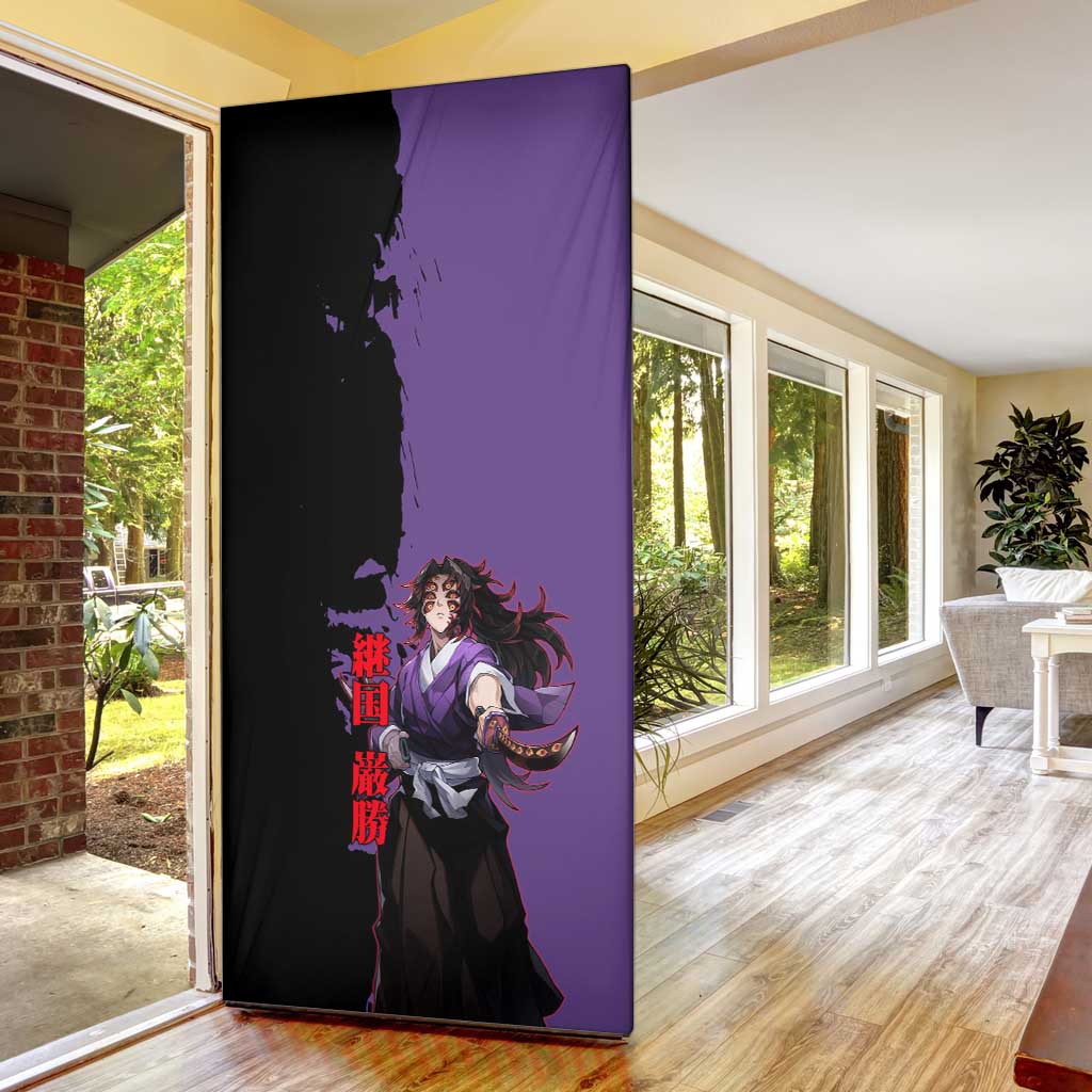 Kokushibo from Demon Slayer Door Cover with Purple and Black Split Background and Sword Draw Manga Style Design - The Mazicc