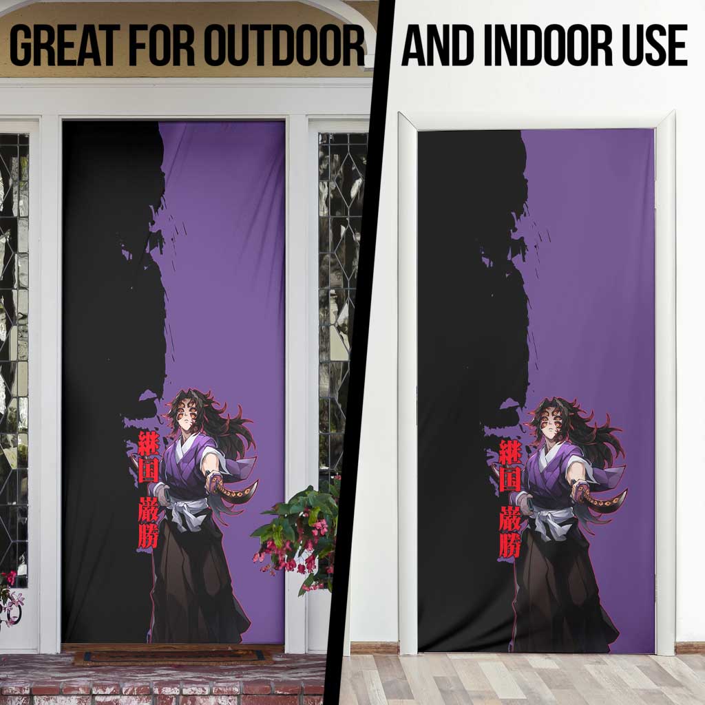 Kokushibo from Demon Slayer Door Cover with Purple and Black Split Background and Sword Draw Manga Style Design - The Mazicc