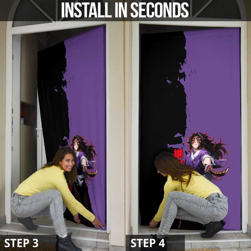 Kokushibo from Demon Slayer Door Cover with Purple and Black Split Background and Sword Draw Manga Style Design - The Mazicc