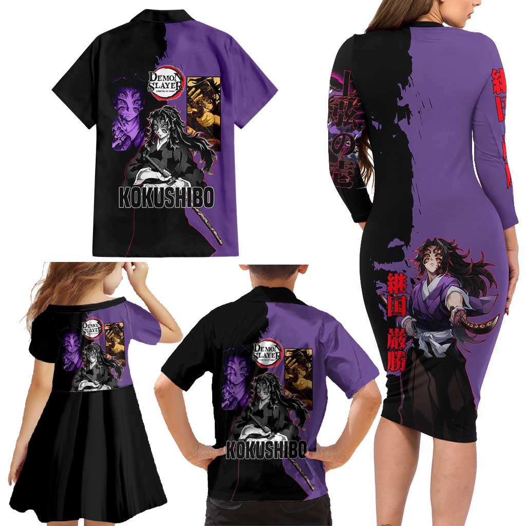 Kokushibo from Demon Slayer Family Matching Long Sleeve Bodycon Dress and Hawaiian Shirt with Purple and Black Split Background and Sword Draw Manga Style Design - The Mazicc