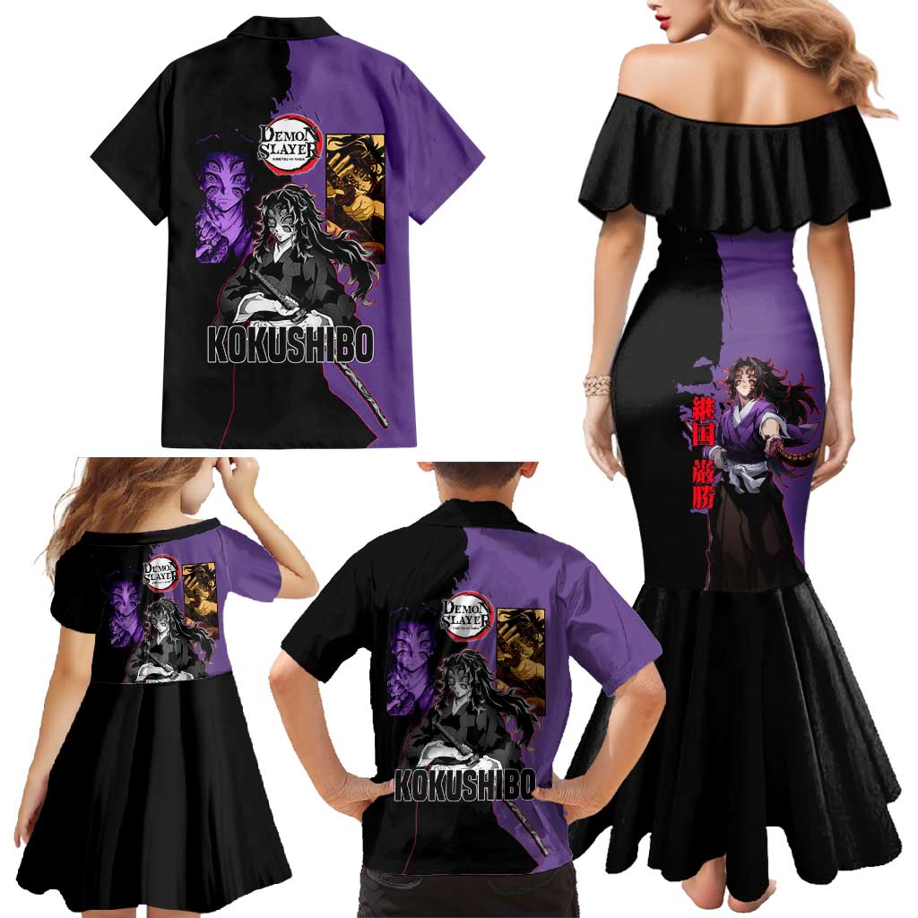 Kokushibo from Demon Slayer Family Matching Mermaid Dress and Hawaiian Shirt with Purple and Black Split Background and Sword Draw Manga Style Design - The Mazicc