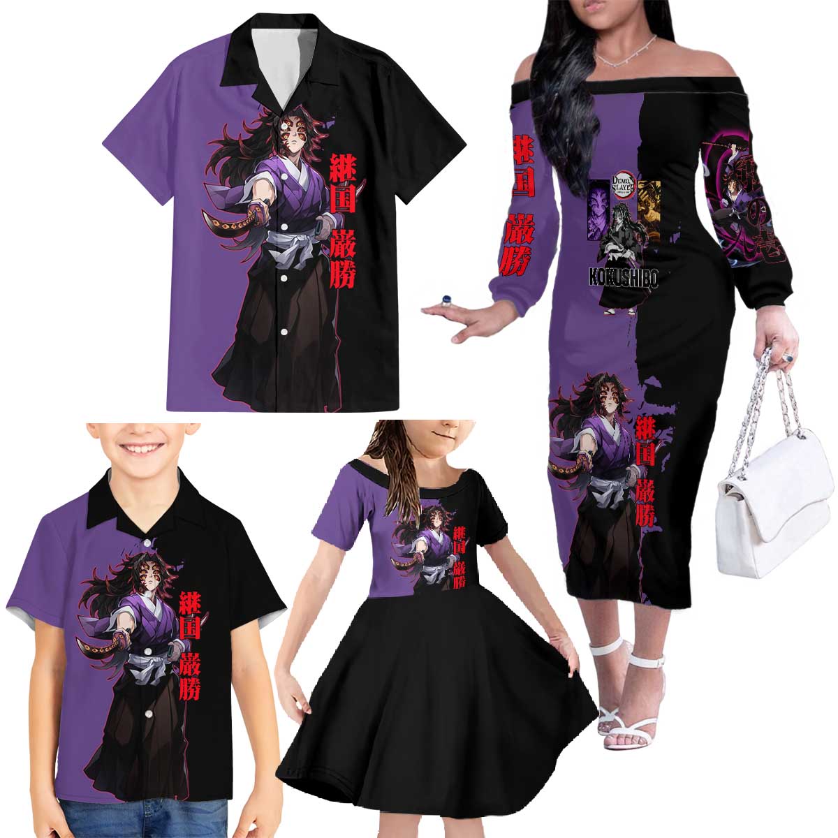 Kokushibo from Demon Slayer Family Matching Off The Shoulder Long Sleeve Dress and Hawaiian Shirt with Purple and Black Split Background and Sword Draw Manga Style Design - The Mazicc