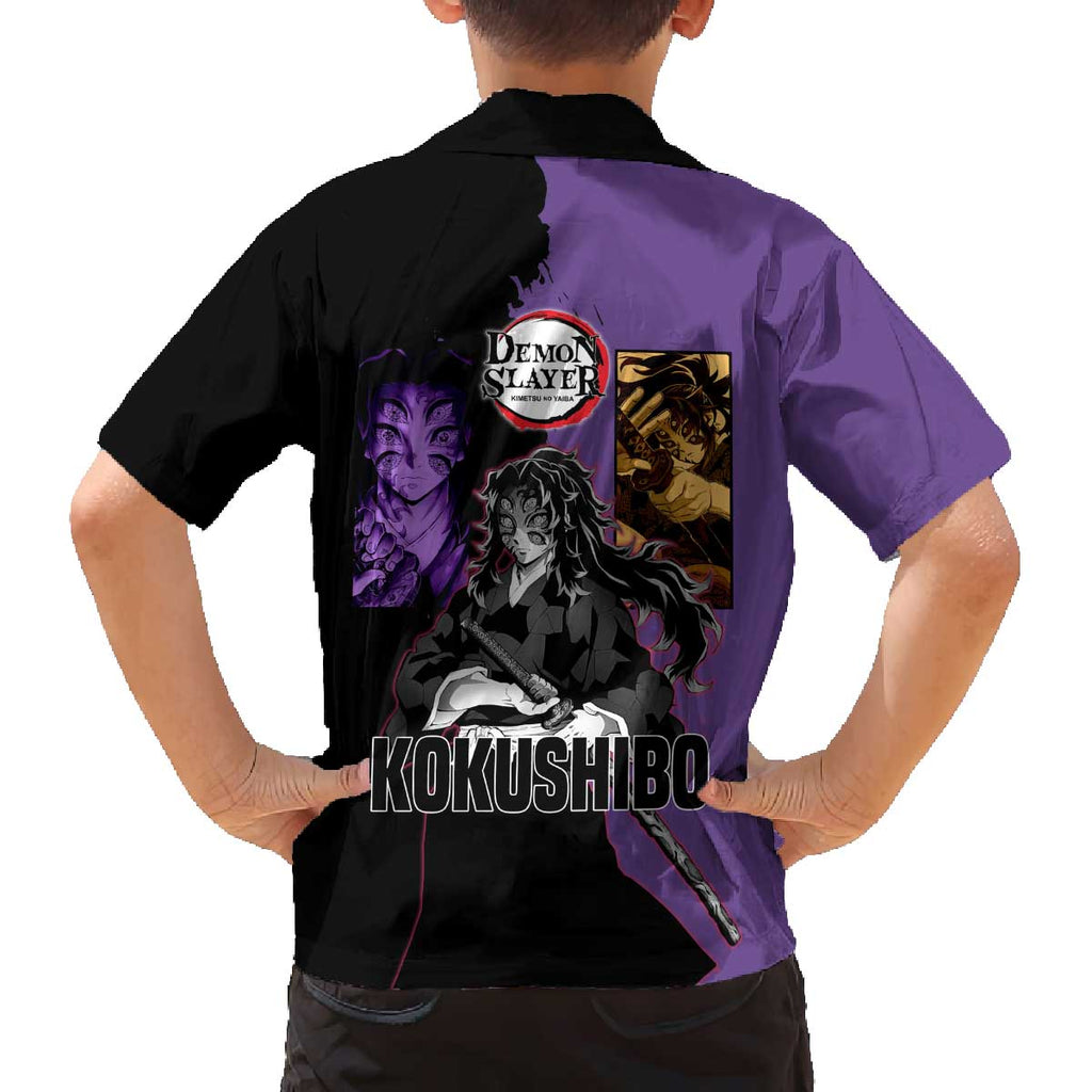 Kokushibo from Demon Slayer Family Matching Off The Shoulder Long Sleeve Dress and Hawaiian Shirt with Purple and Black Split Background and Sword Draw Manga Style Design - The Mazicc