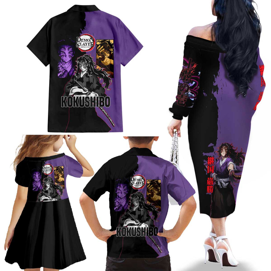 Kokushibo from Demon Slayer Family Matching Off The Shoulder Long Sleeve Dress and Hawaiian Shirt with Purple and Black Split Background and Sword Draw Manga Style Design - The Mazicc