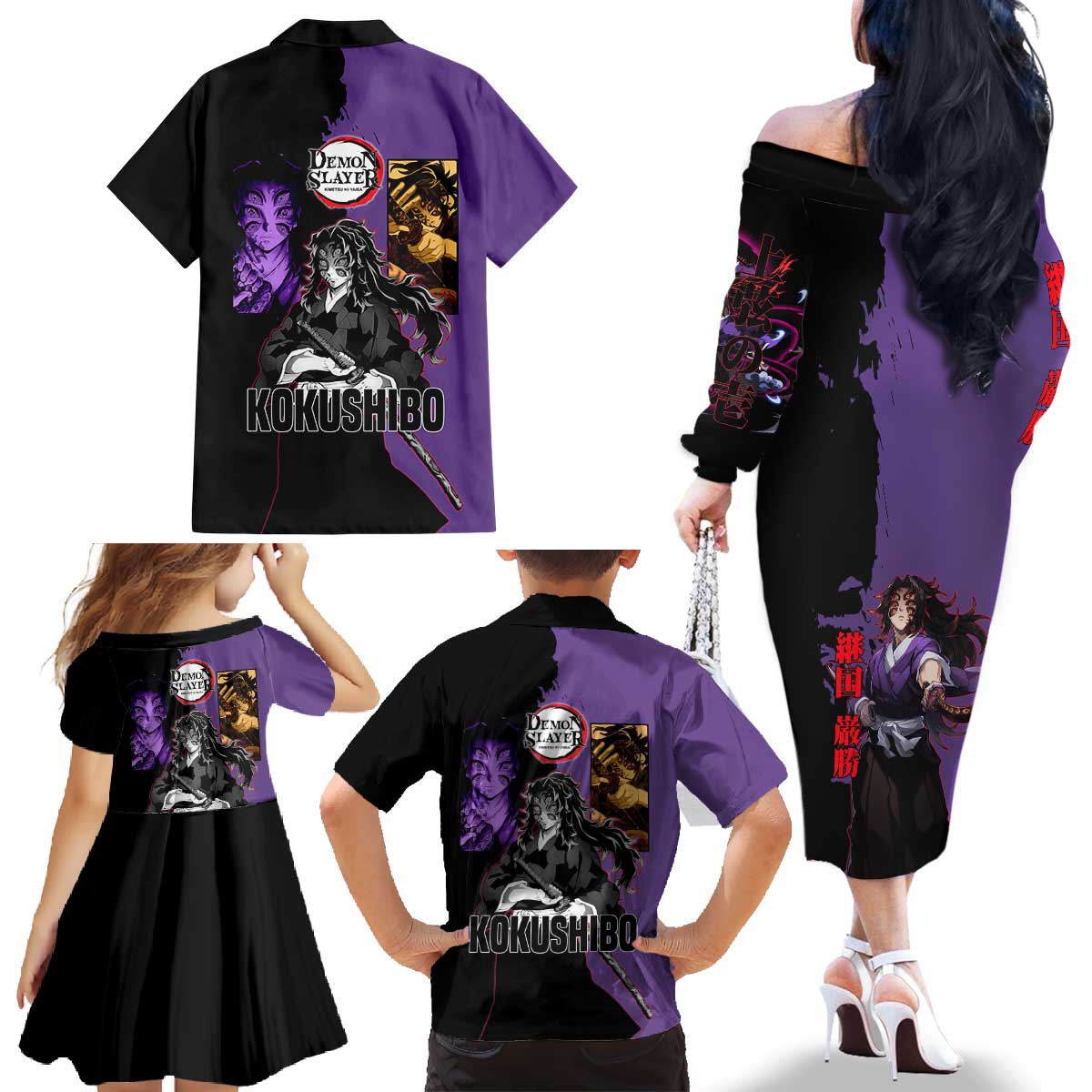 Kokushibo from Demon Slayer Family Matching Off The Shoulder Long Sleeve Dress and Hawaiian Shirt with Purple and Black Split Background and Sword Draw Manga Style Design - The Mazicc