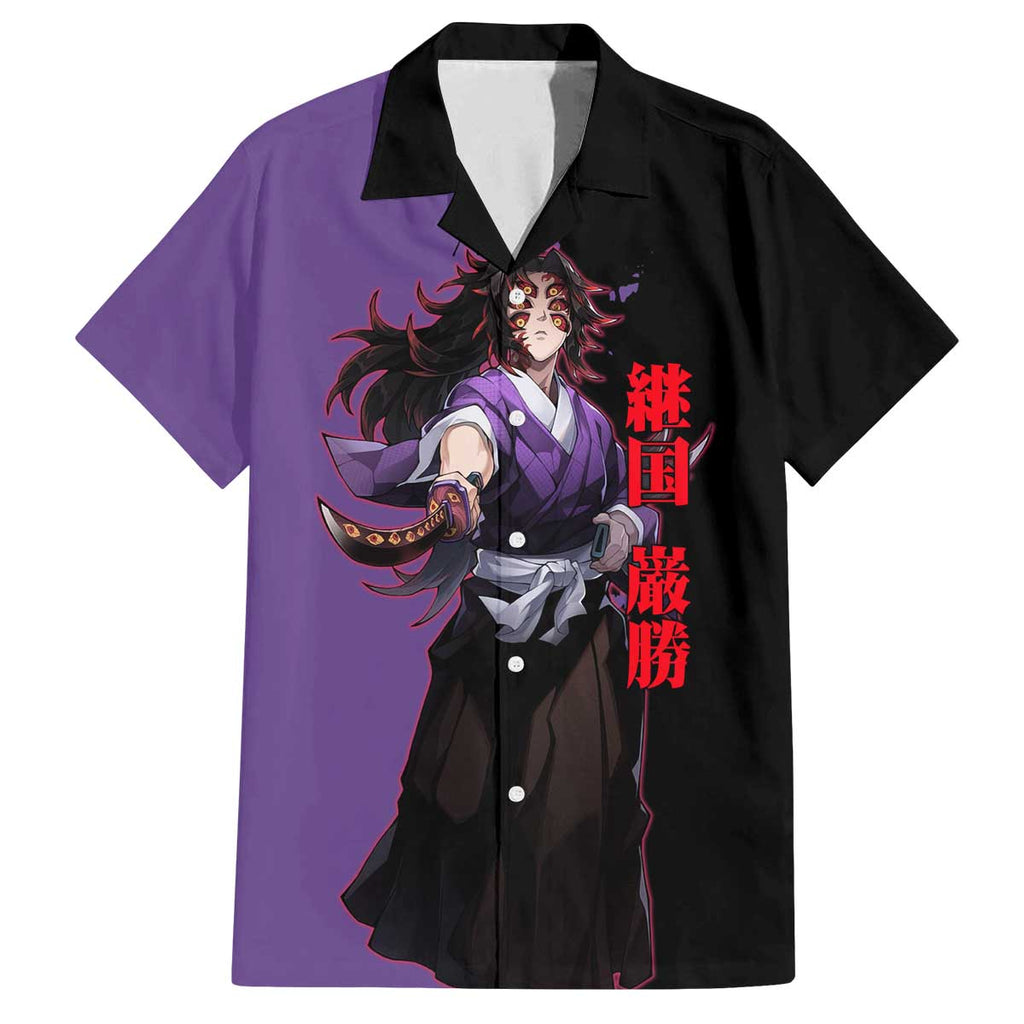 Kokushibo from Demon Slayer Family Matching Off The Shoulder Long Sleeve Dress and Hawaiian Shirt with Purple and Black Split Background and Sword Draw Manga Style Design - The Mazicc
