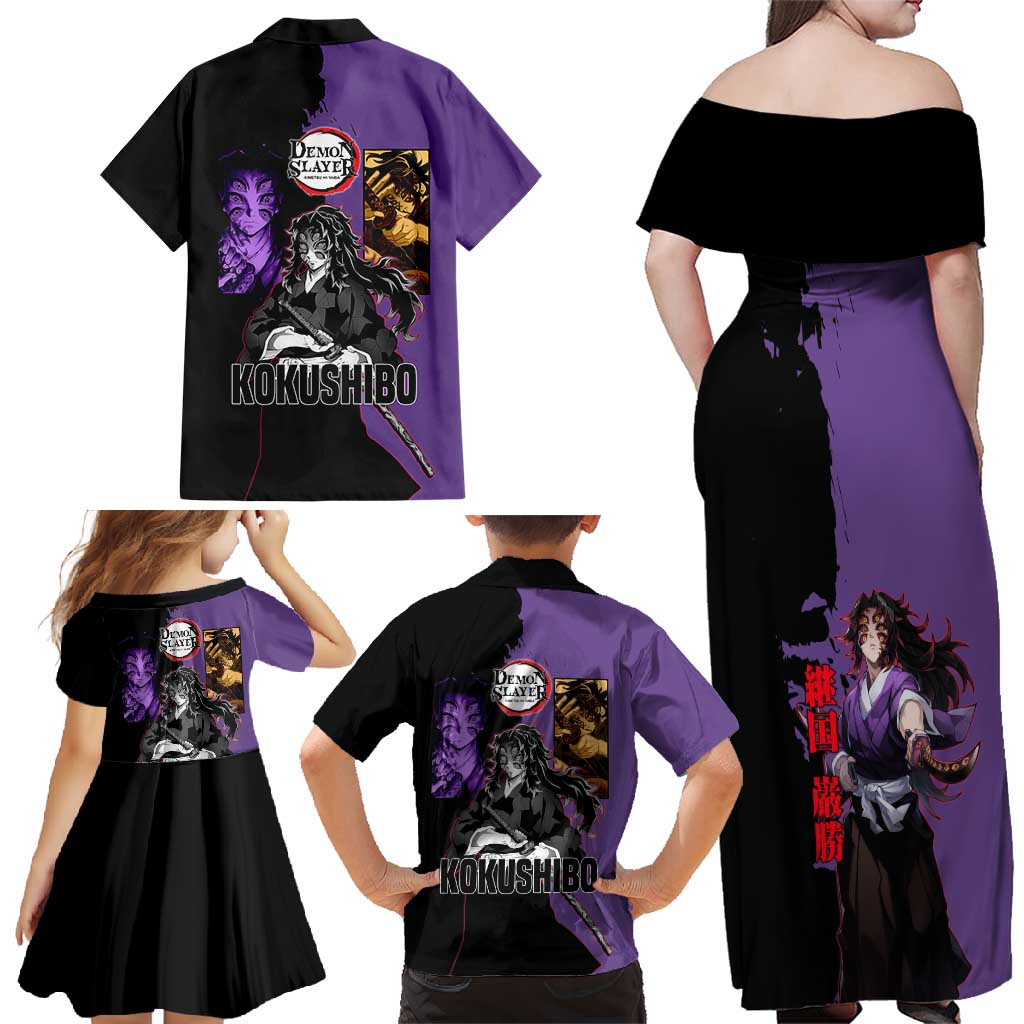 Kokushibo from Demon Slayer Family Matching Off Shoulder Maxi Dress and Hawaiian Shirt with Purple and Black Split Background and Sword Draw Manga Style Design - The Mazicc