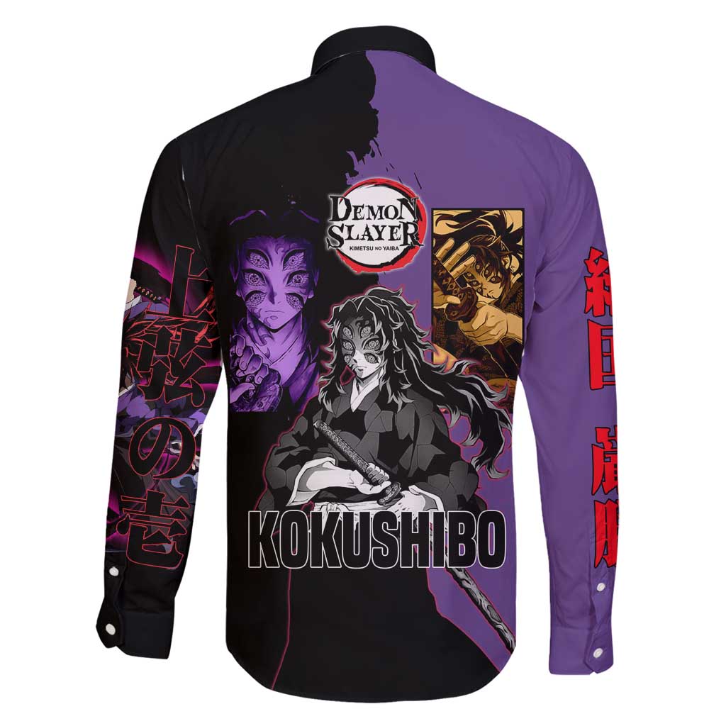Kokushibo from Demon Slayer Family Matching Off Shoulder Maxi Dress and Hawaiian Shirt with Purple and Black Split Background and Sword Draw Manga Style Design - The Mazicc