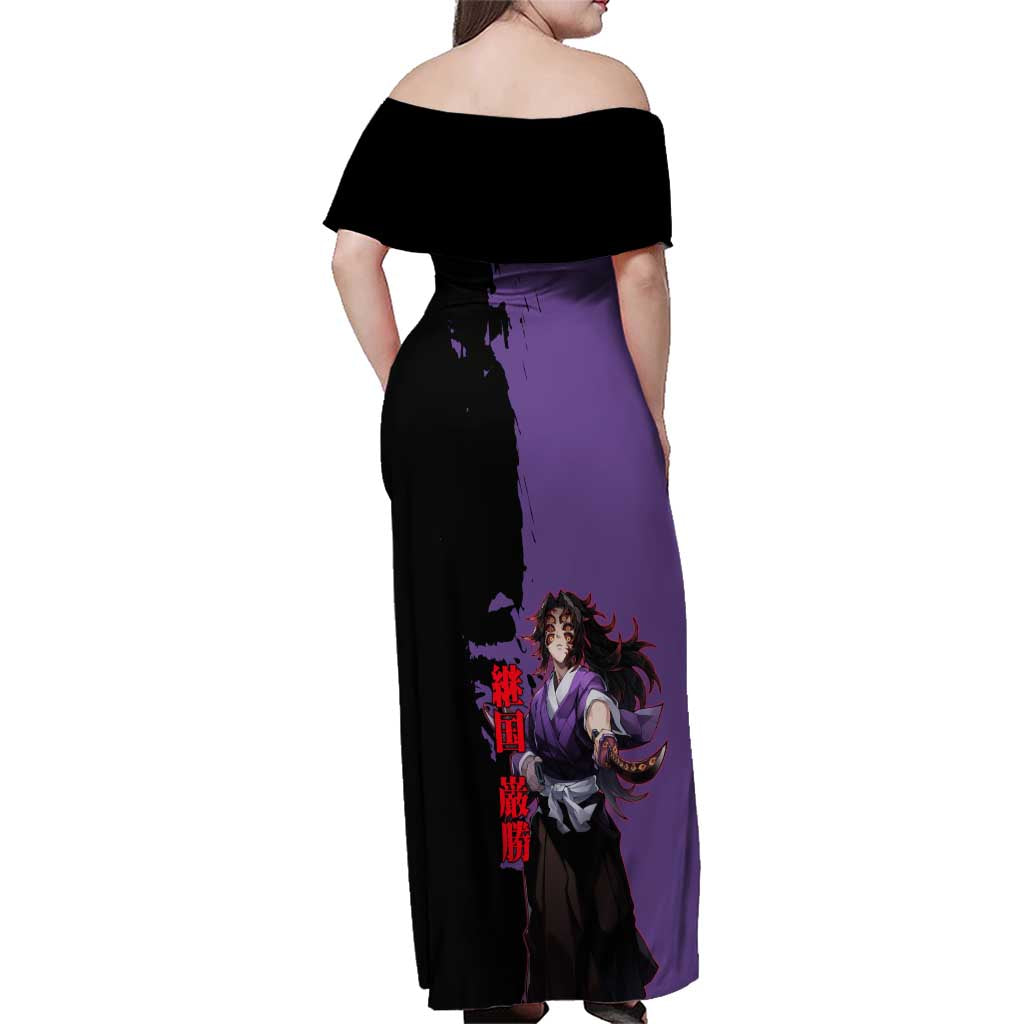 Kokushibo from Demon Slayer Family Matching Off Shoulder Maxi Dress and Hawaiian Shirt with Purple and Black Split Background and Sword Draw Manga Style Design - The Mazicc
