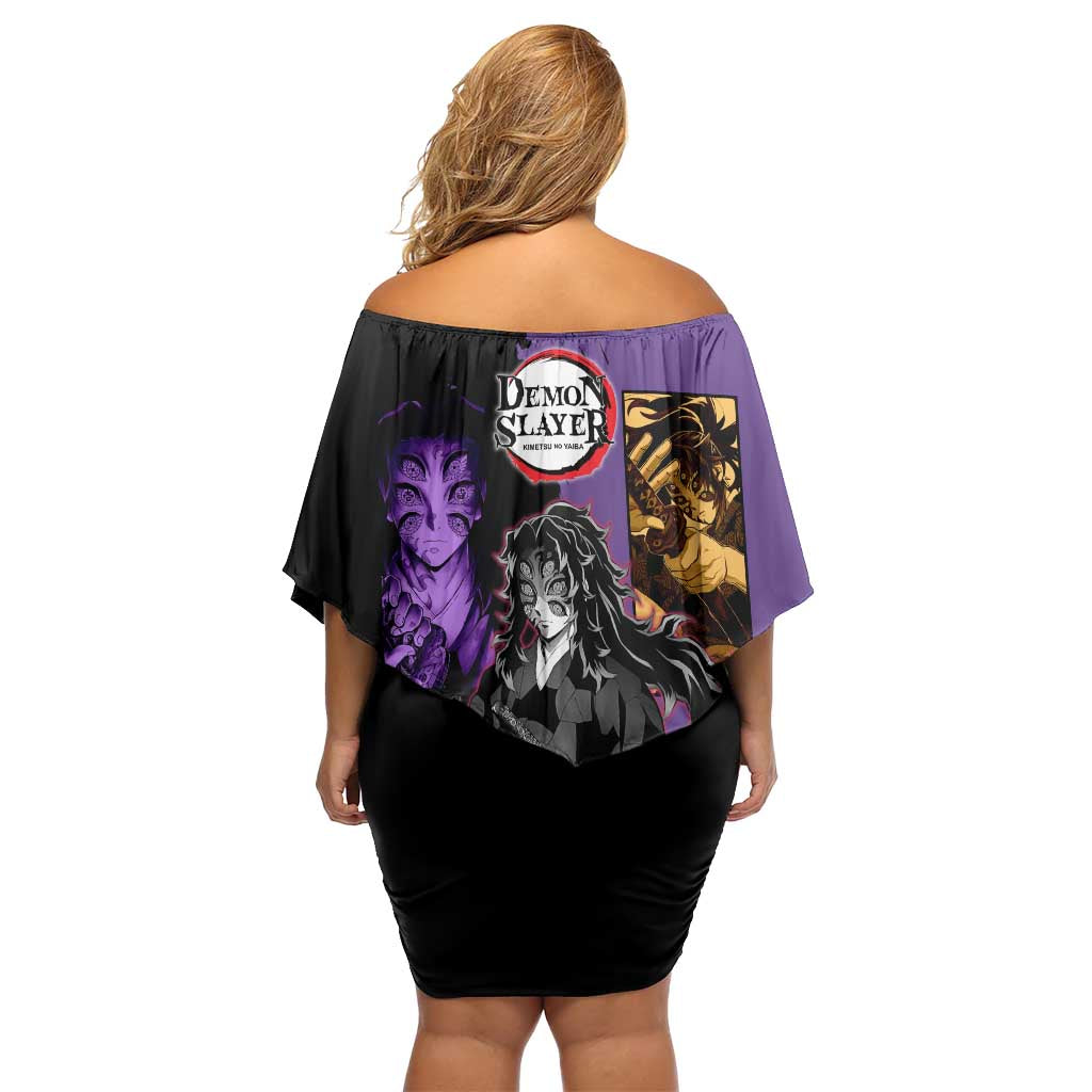 Kokushibo from Demon Slayer Family Matching Off Shoulder Short Dress and Hawaiian Shirt with Purple and Black Split Background and Sword Draw Manga Style Design - The Mazicc