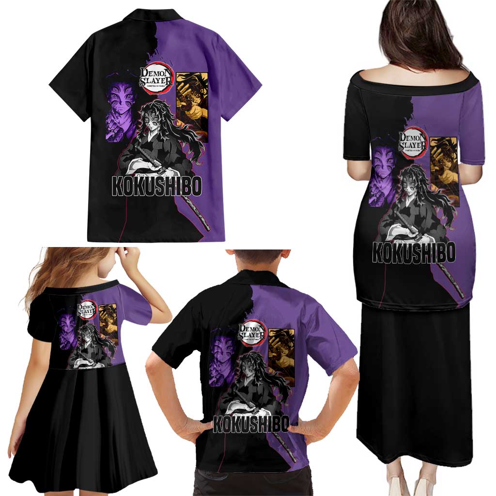Kokushibo from Demon Slayer Family Matching Puletasi and Hawaiian Shirt with Purple and Black Split Background and Sword Draw Manga Style Design - The Mazicc