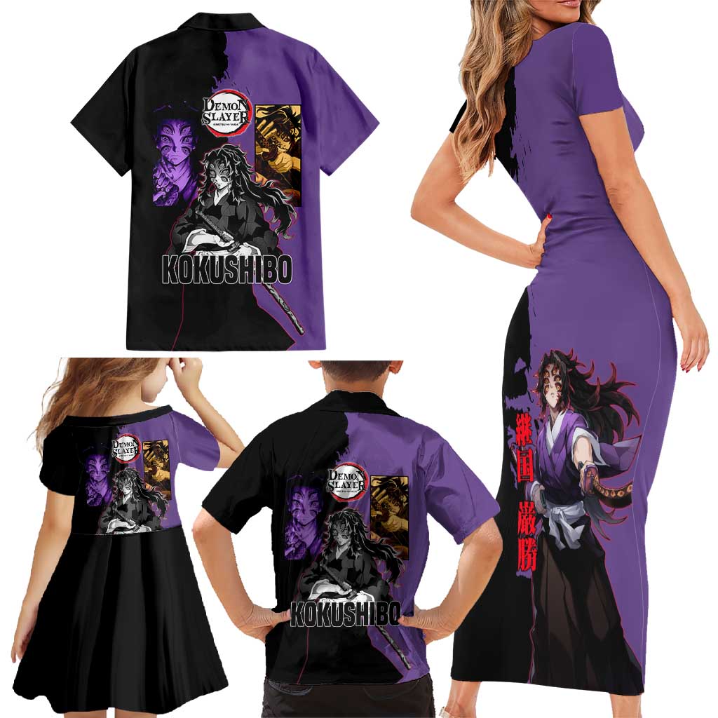 Kokushibo from Demon Slayer Family Matching Short Sleeve Bodycon Dress and Hawaiian Shirt with Purple and Black Split Background and Sword Draw Manga Style Design - The Mazicc