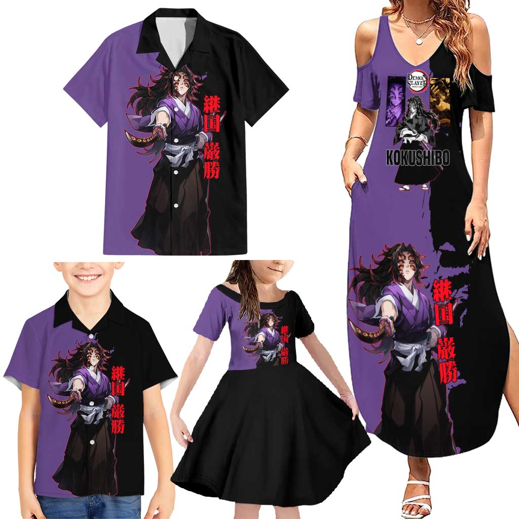 Kokushibo from Demon Slayer Family Matching Summer Maxi Dress and Hawaiian Shirt with Purple and Black Split Background and Sword Draw Manga Style Design - The Mazicc