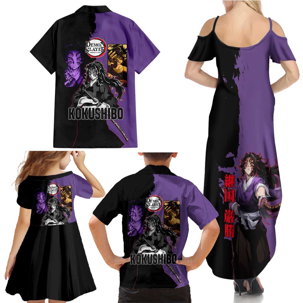 Kokushibo from Demon Slayer Family Matching Summer Maxi Dress and Hawaiian Shirt with Purple and Black Split Background and Sword Draw Manga Style Design - The Mazicc