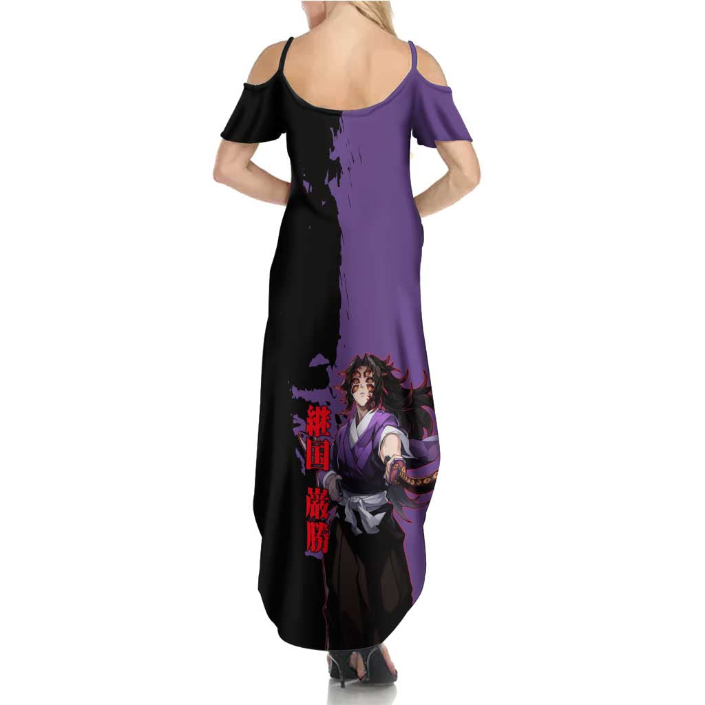 Kokushibo from Demon Slayer Family Matching Summer Maxi Dress and Hawaiian Shirt with Purple and Black Split Background and Sword Draw Manga Style Design - The Mazicc