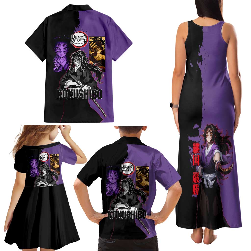 Kokushibo from Demon Slayer Family Matching Tank Maxi Dress and Hawaiian Shirt with Purple and Black Split Background and Sword Draw Manga Style Design - The Mazicc