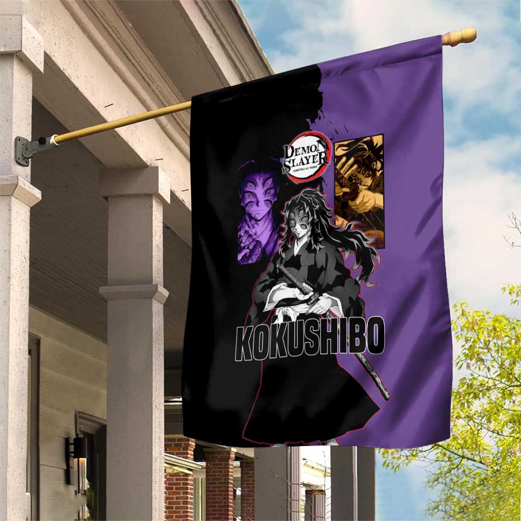 Kokushibo from Demon Slayer Garden Flag with Purple and Black Split Background and Sword Draw Manga Style Design - The Mazicc