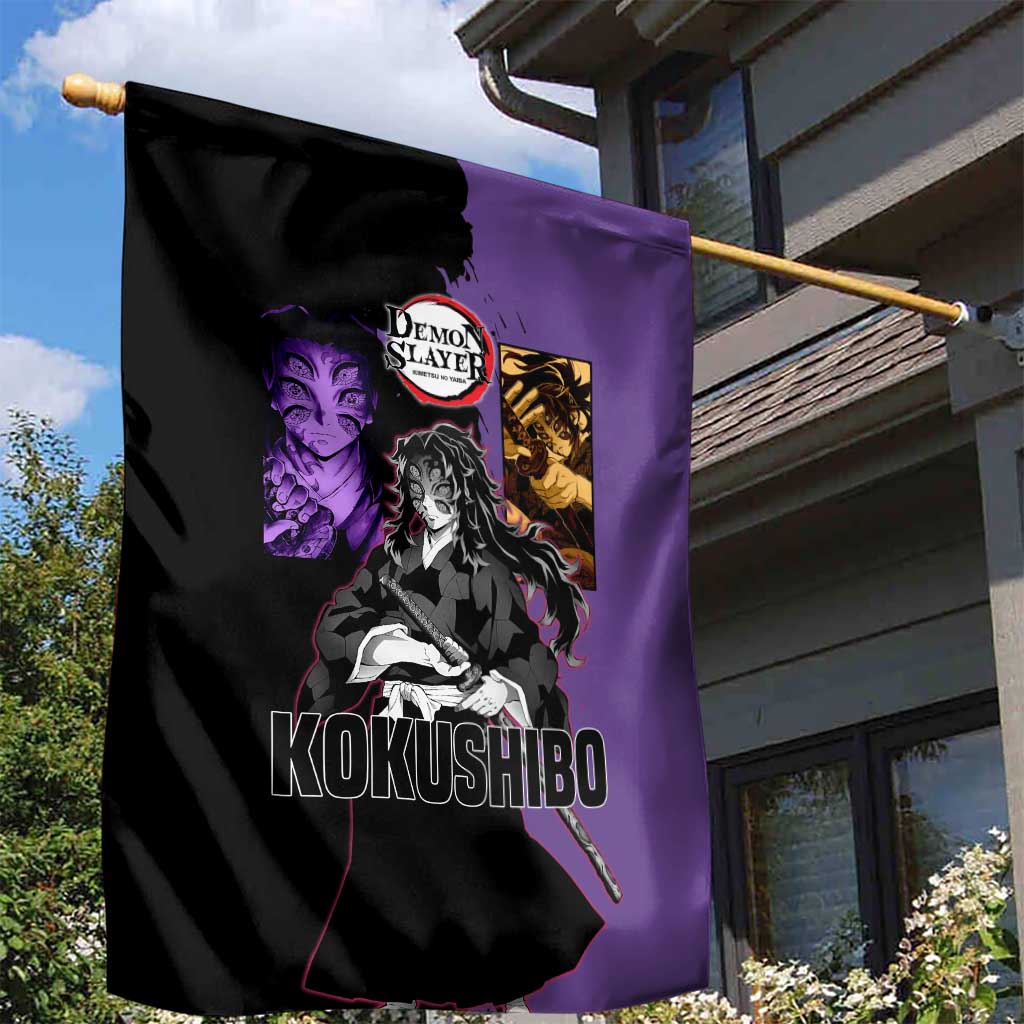 Kokushibo from Demon Slayer Garden Flag with Purple and Black Split Background and Sword Draw Manga Style Design - The Mazicc