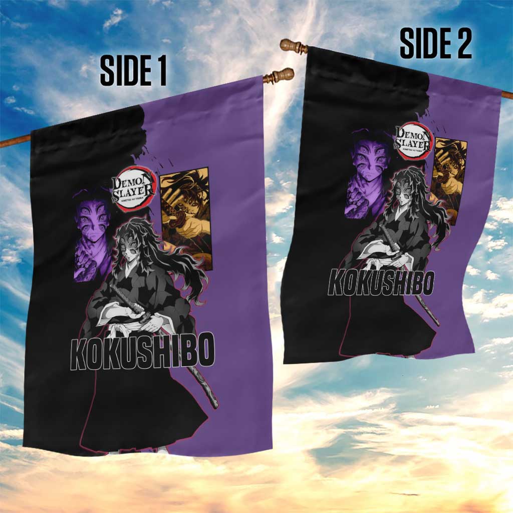 Kokushibo from Demon Slayer Garden Flag with Purple and Black Split Background and Sword Draw Manga Style Design - The Mazicc