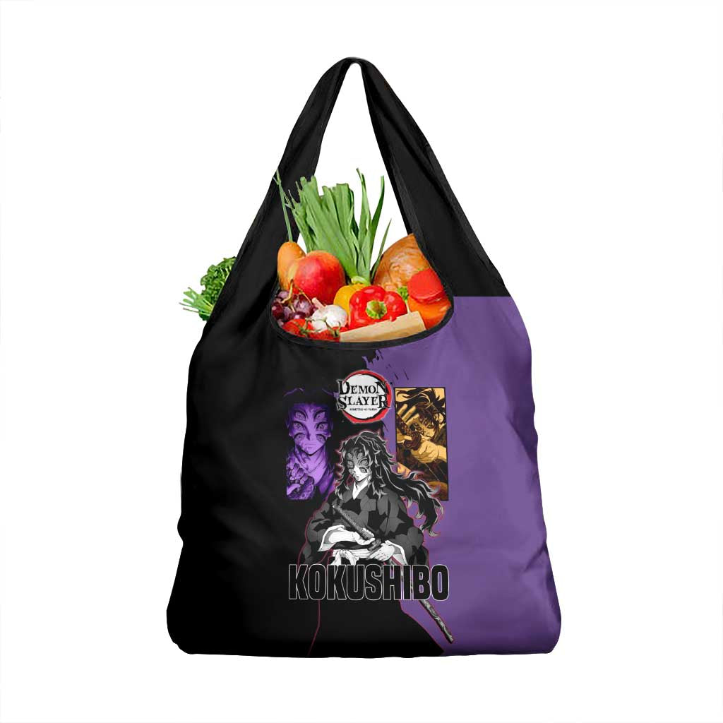Kokushibo from Demon Slayer Grocery Bag with Purple and Black Split Background and Sword Draw Manga Style Design - The Mazicc