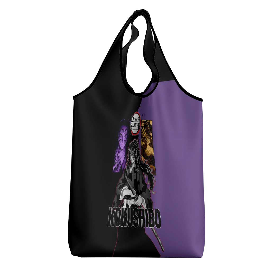 Kokushibo from Demon Slayer Grocery Bag with Purple and Black Split Background and Sword Draw Manga Style Design - The Mazicc