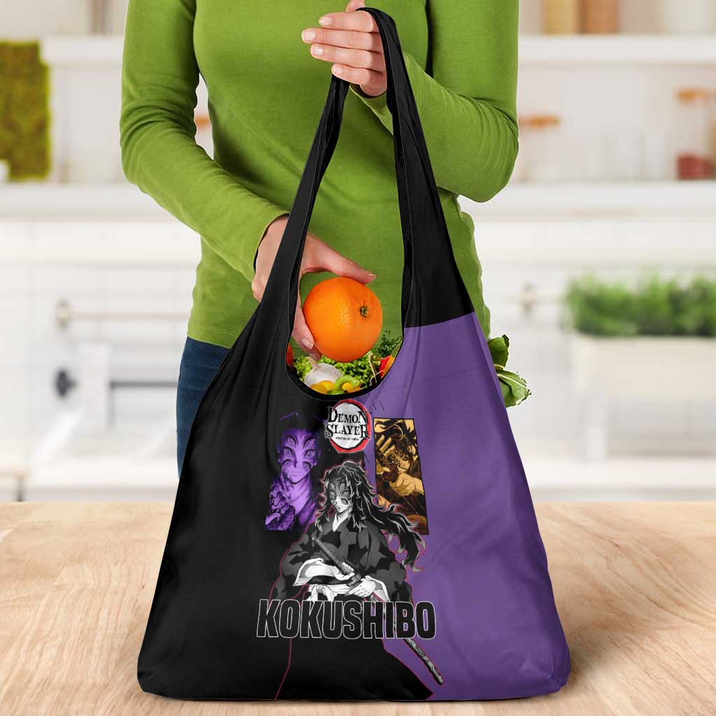 Kokushibo from Demon Slayer Grocery Bag with Purple and Black Split Background and Sword Draw Manga Style Design - The Mazicc