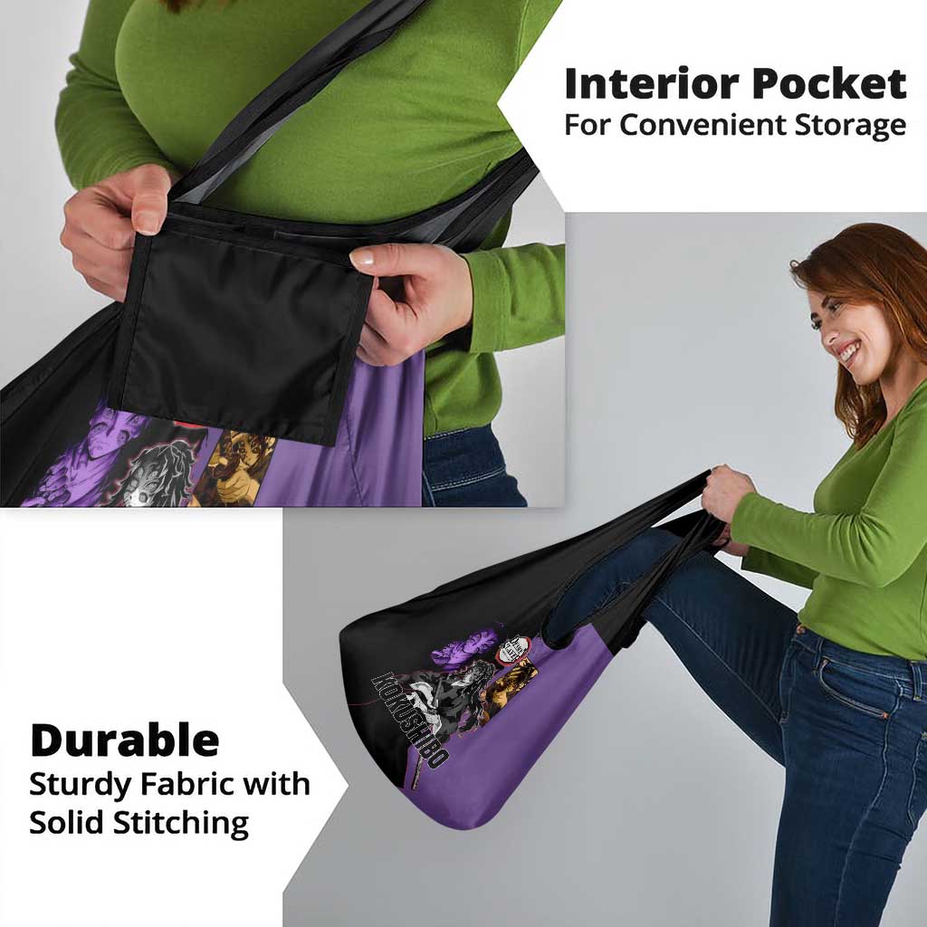 Kokushibo from Demon Slayer Grocery Bag with Purple and Black Split Background and Sword Draw Manga Style Design - The Mazicc